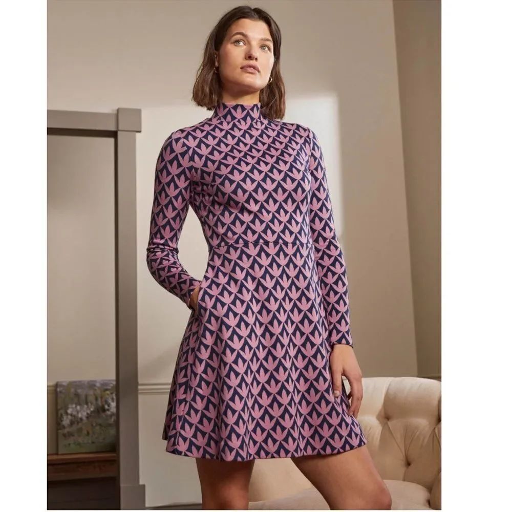 Boden High Neck Jacquard Mini Dress Long Sleeve NEW Size 10L